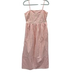 Doe and Rae Pink White Striped Seersucker Eyelet Midi Dress Small Pockets